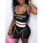 LW Sporty Letter Print Rib-Knit Black Two Piece Sh
