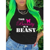 LW Plus Size Casual Butterfly Letter Print Black T