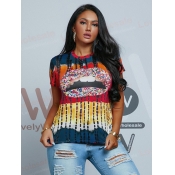 LW Casual Lip Print Tie-dye Multicolor T-shirt