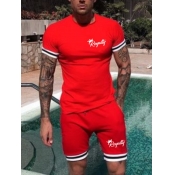 LW Men Sporty Letter Print Striped Red Two Piece S