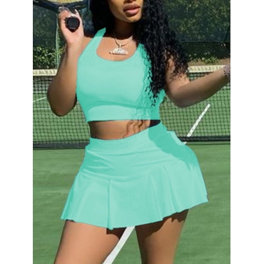 

LW Sporty U Neck Flounce Design Acid Blue Two Piece Skirt Set