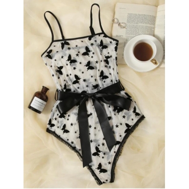 LW Sweet See-through Butterfly Decoration Black Teddies