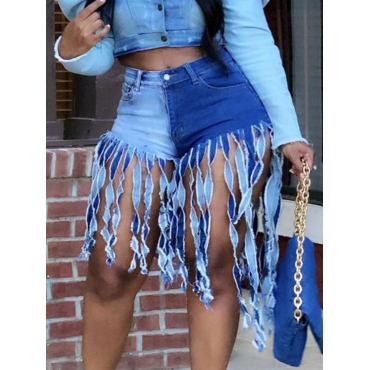 

Lovely Plus Size Street Color-lump Tassel Design Blue Denim Shorts
