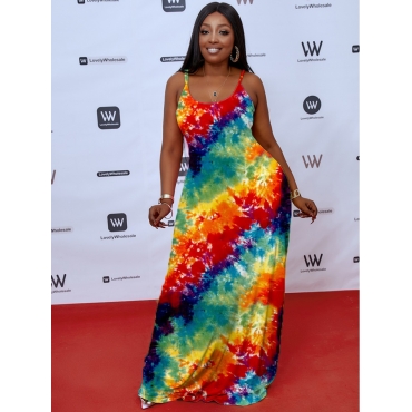 

LW BASICS Plus Size Casual Round Neck Tie-dye Multicolor Floor Length Dress, Multi