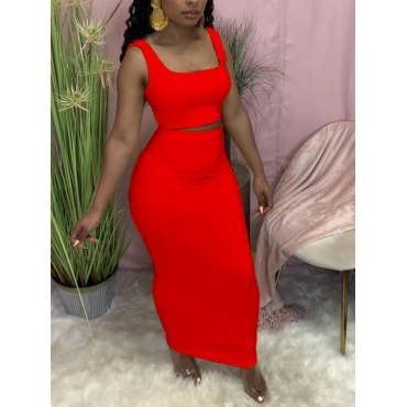 

LW BASICS Casual U Neck Skinny Red Two Piece Skirt Set