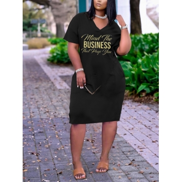 

Lovely Casual V Neck Letter Print Black Knee Length Dress