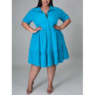 

LW Plus Size Casual Button Flounce Design Baby Blue Knee Length A Line Dress