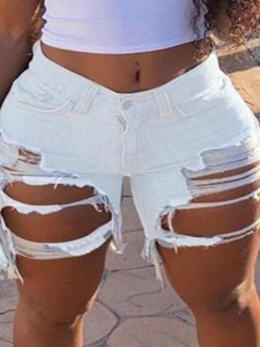 

Lovely Plus Size Casual Broken Holes White Denim Shorts