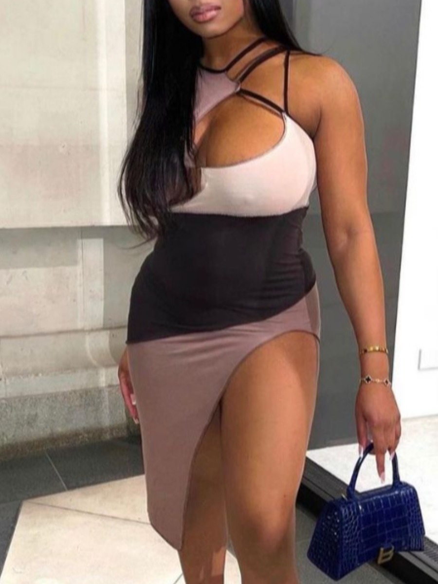 

Lovely Sexy Color-lump Hollow-out Slit Apricot Knee Length Dress