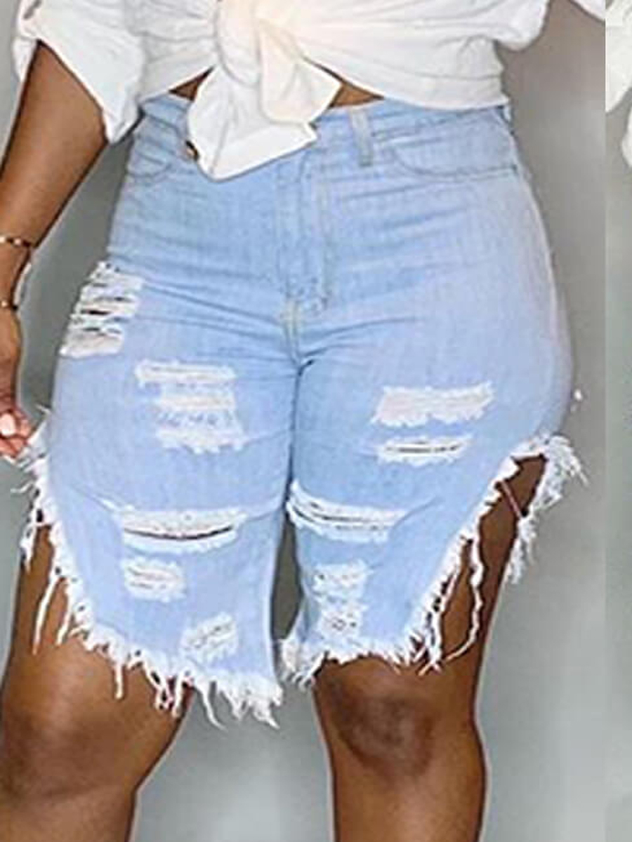 

Lovely Trendy Broken Holes Baby Blue Shorts