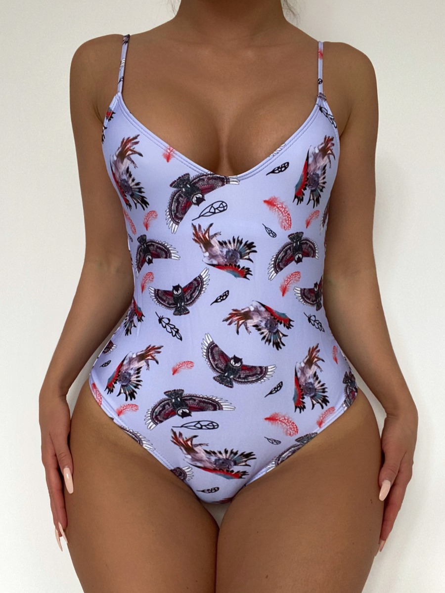 

Lovely Boho Animal Print Backless Light Purple One-piece Swimsuit