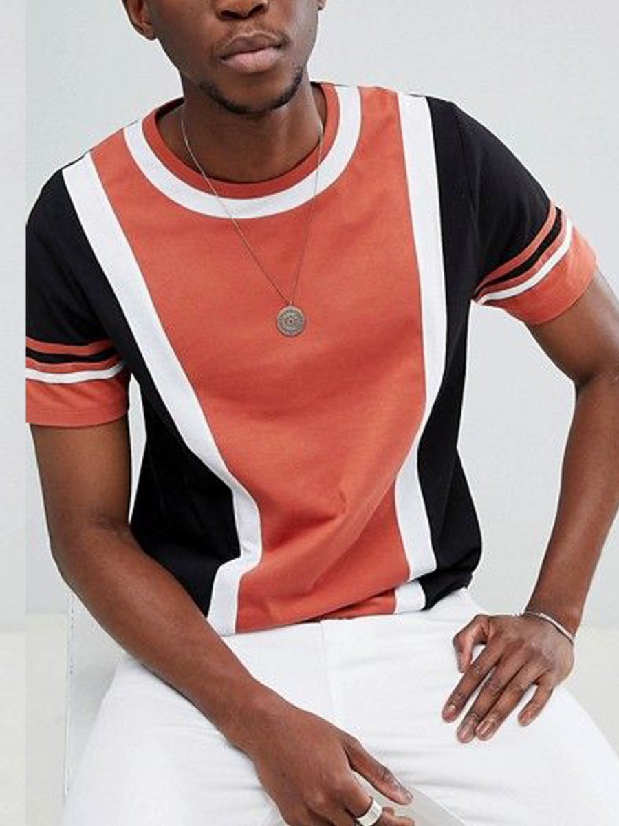 

Lovely Men Casual Round Neck Striped Pink T-shirt