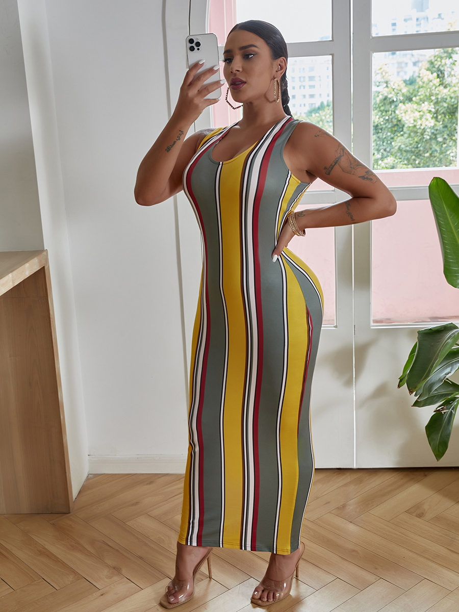 

LW Casual V Neck Striped Yellow Ankle Length Dress