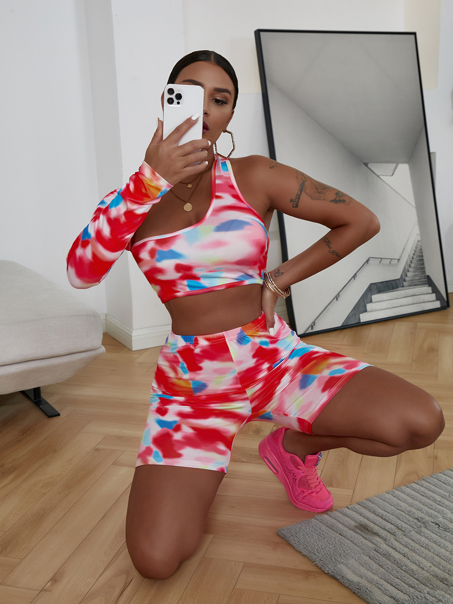 

Lovely Casual Tie Dye Asymmetrical Multicolor Two Piece Shorts Set, Multi