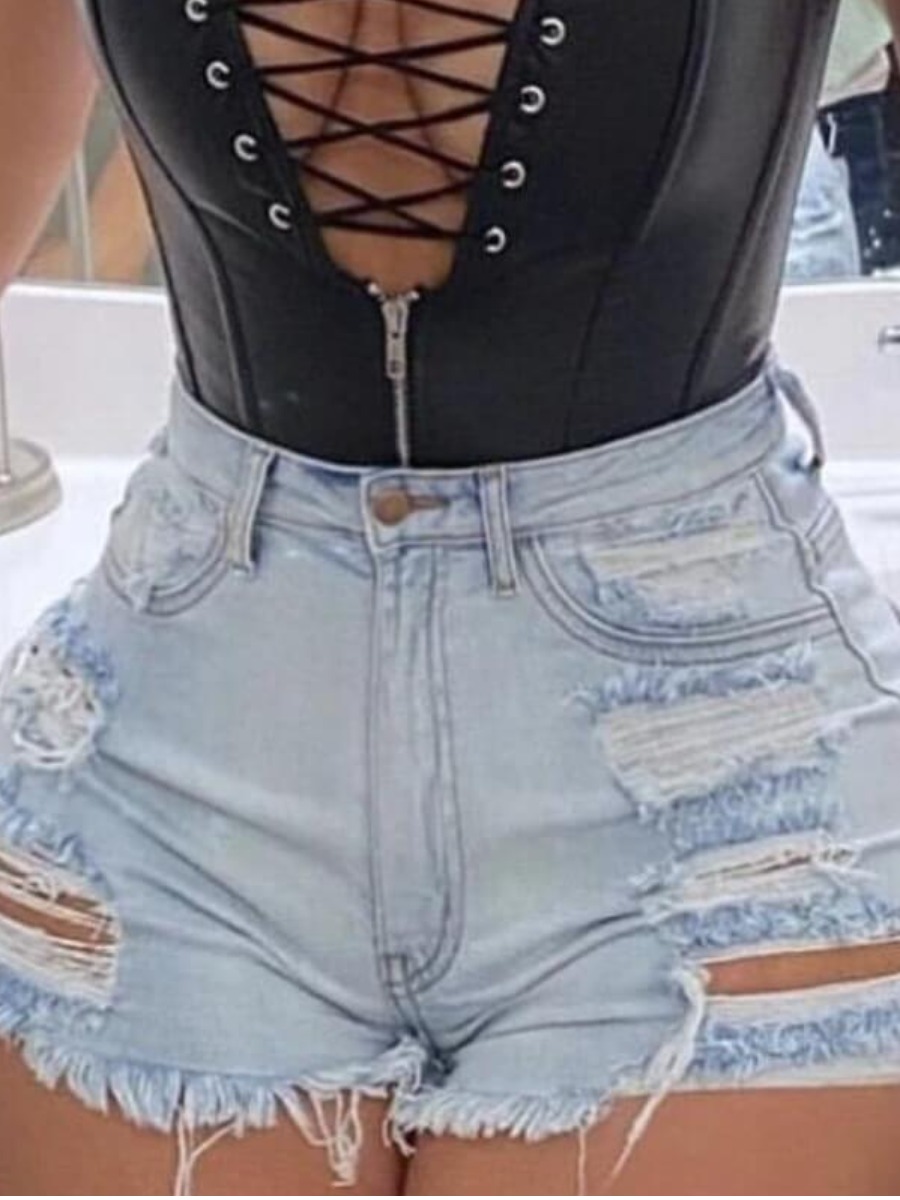 

lovely Trendy High-waisted Zipper Design Babyblue Denim Shorts, Baby blue