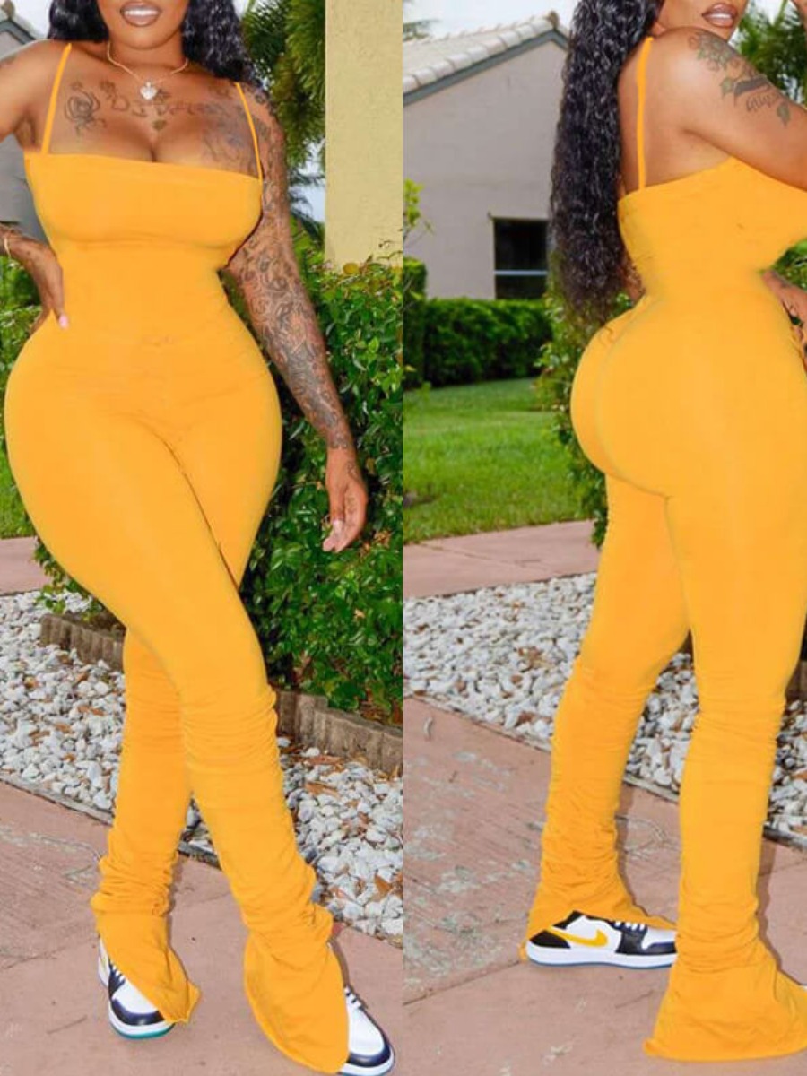 

LW SXY Fold Design Yellow One-piece Jumpsuit