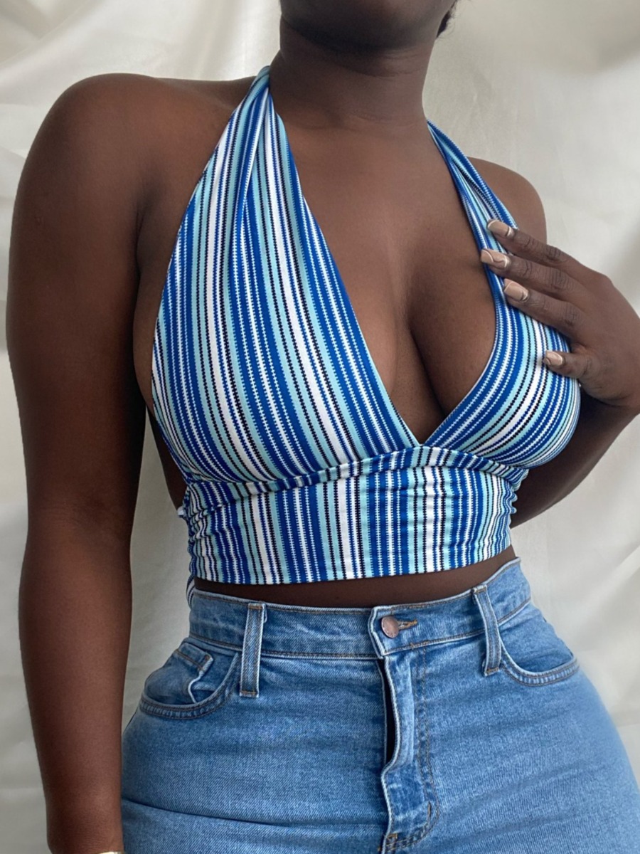 

Lovely Sexy Backless Striped Blue Camisole