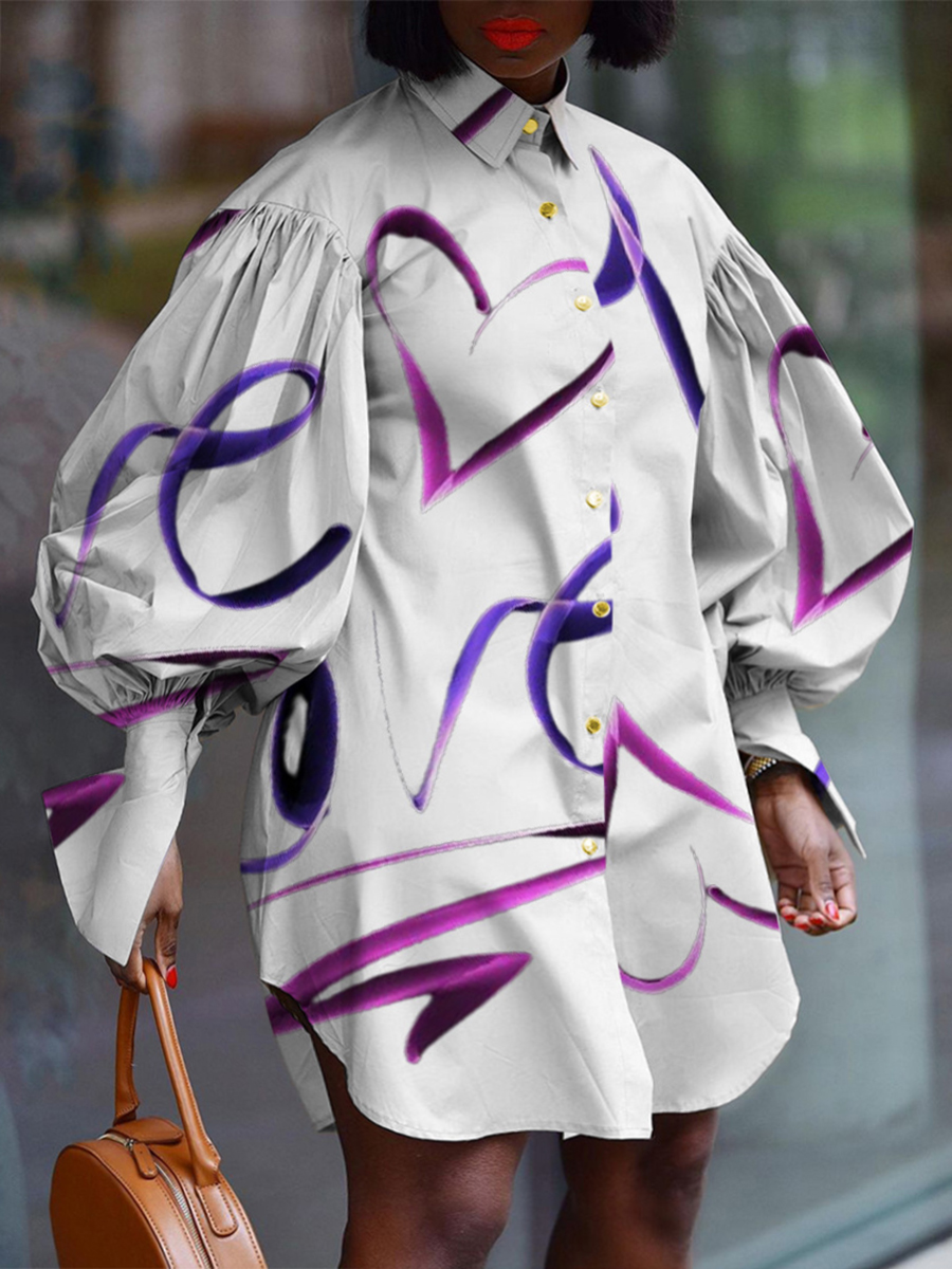 

Lovely Plus Size Street Heart-shaped Print Ruffle Design White Blouse