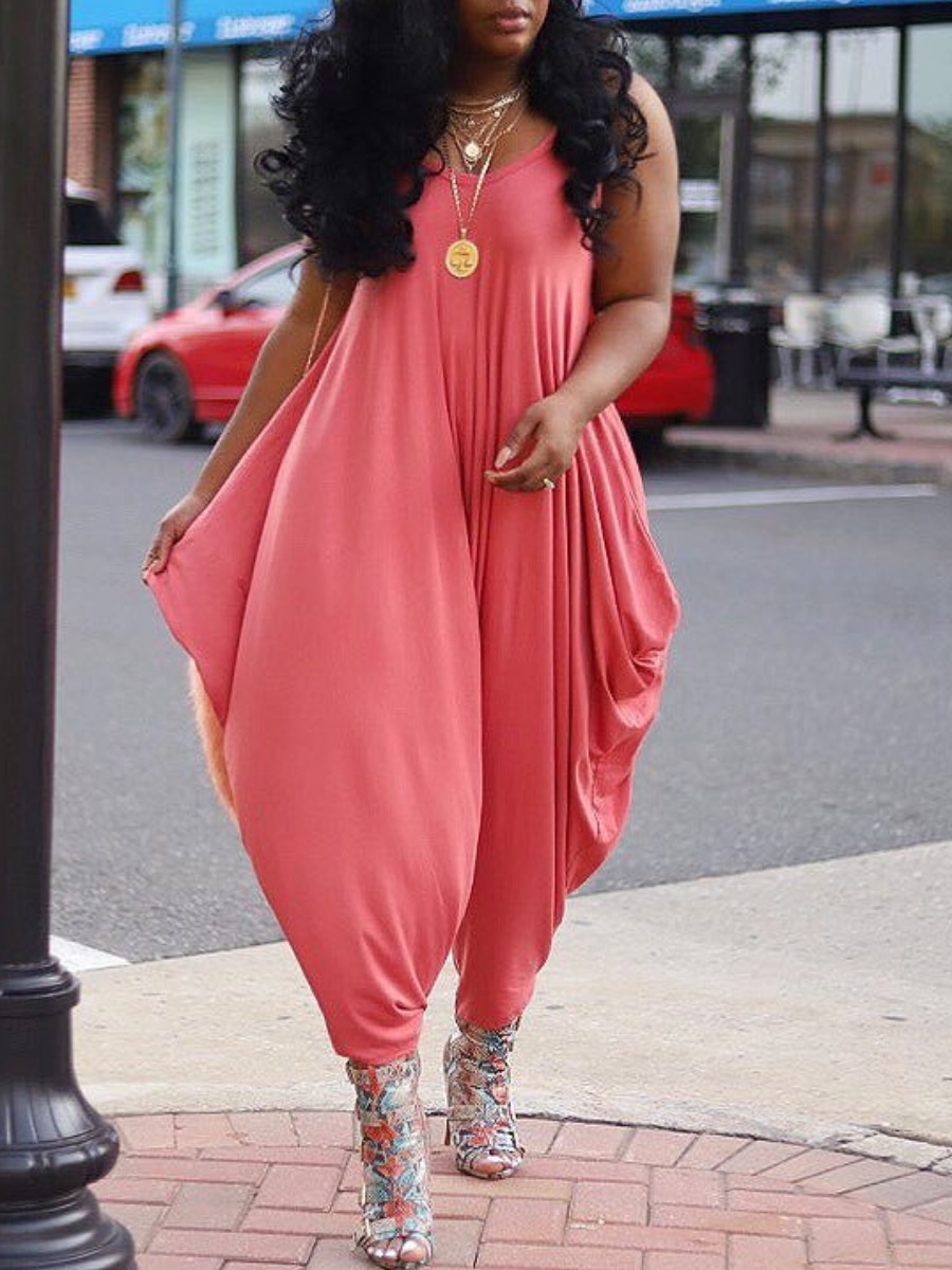 

Lovely Street Fold Design Loose Watermelon Red One-piece Jumpsuit