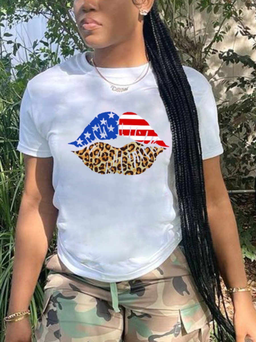 

Lovely Casual Independence Day Lip Print White T-shirt