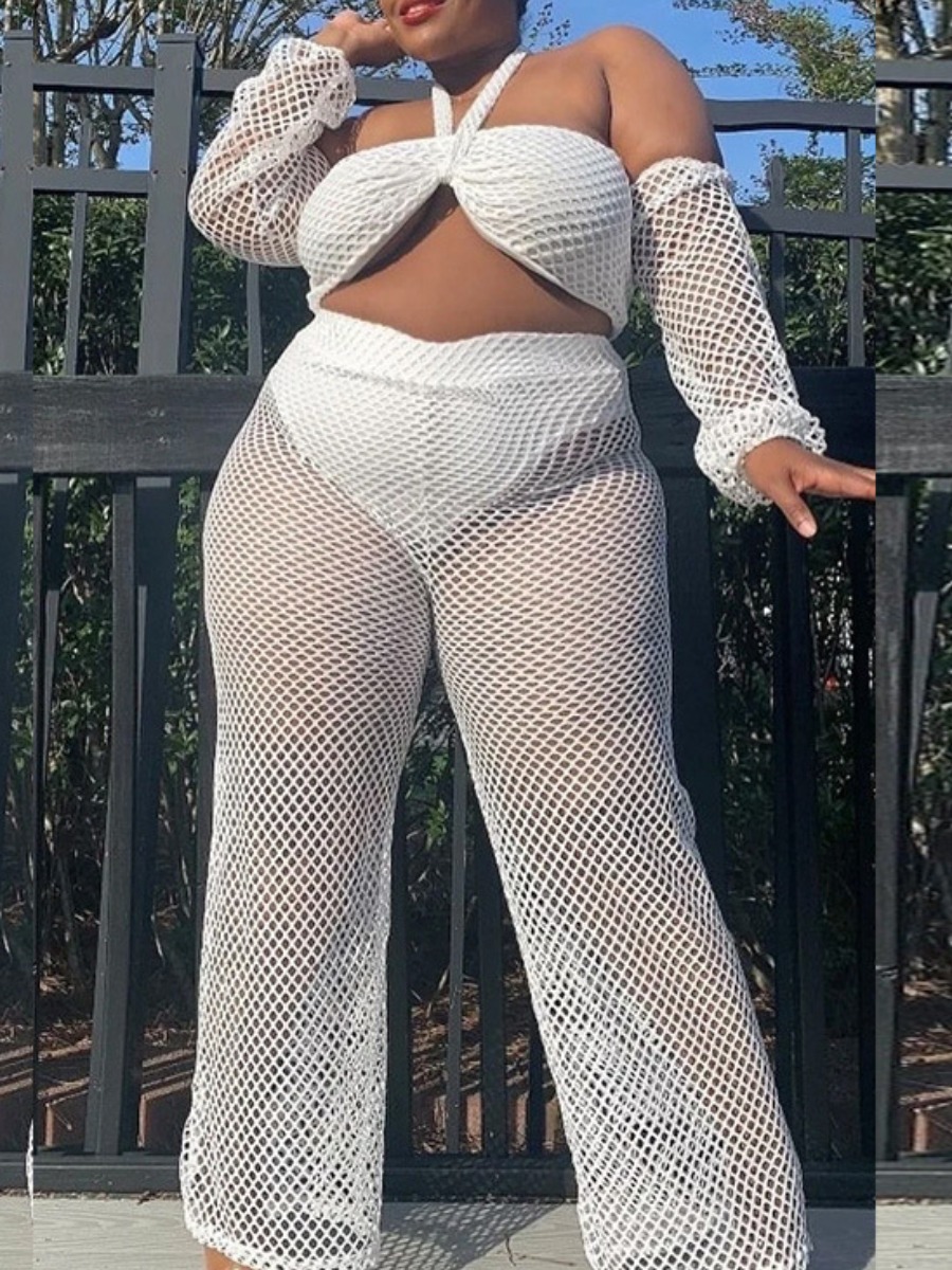

LW Plus Size Boho Off The Shoulder Mesh White Two-piece Pants Set
