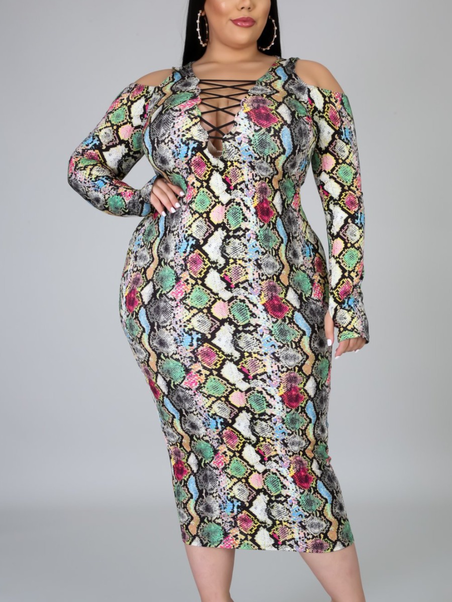 

Lovely Plus Size Boho Cobra Print Hollow-out Mid Calf Dress