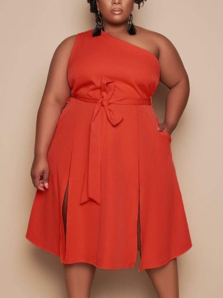 

Lovely Plus Size One Shoulder Slit A Line Dress, Red