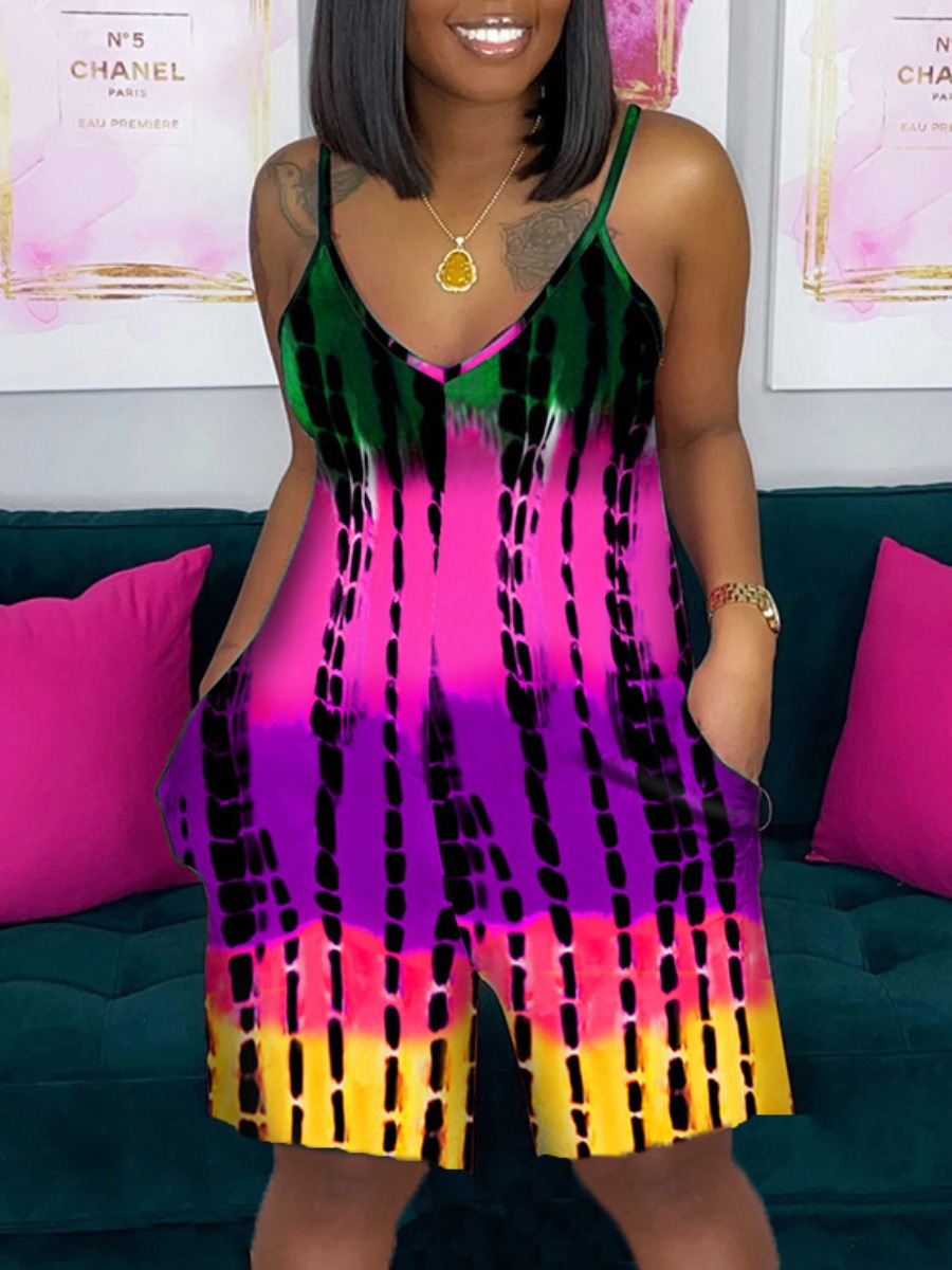 

Lovely Plus Size Casual Tie-dye Pocket Design Rose Red One-piece Romper