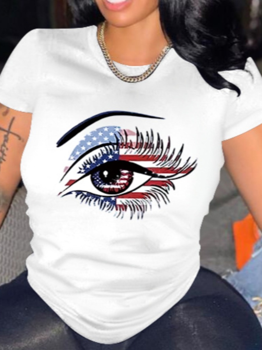 

Lovely Plus Size Casual Round Neck Eye Print White T-shirt