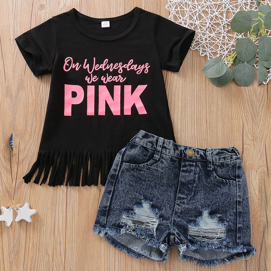 

LW COTTON Girl Casual Letter Print Ripped Tassel Design Black Two Piece Shorts Set