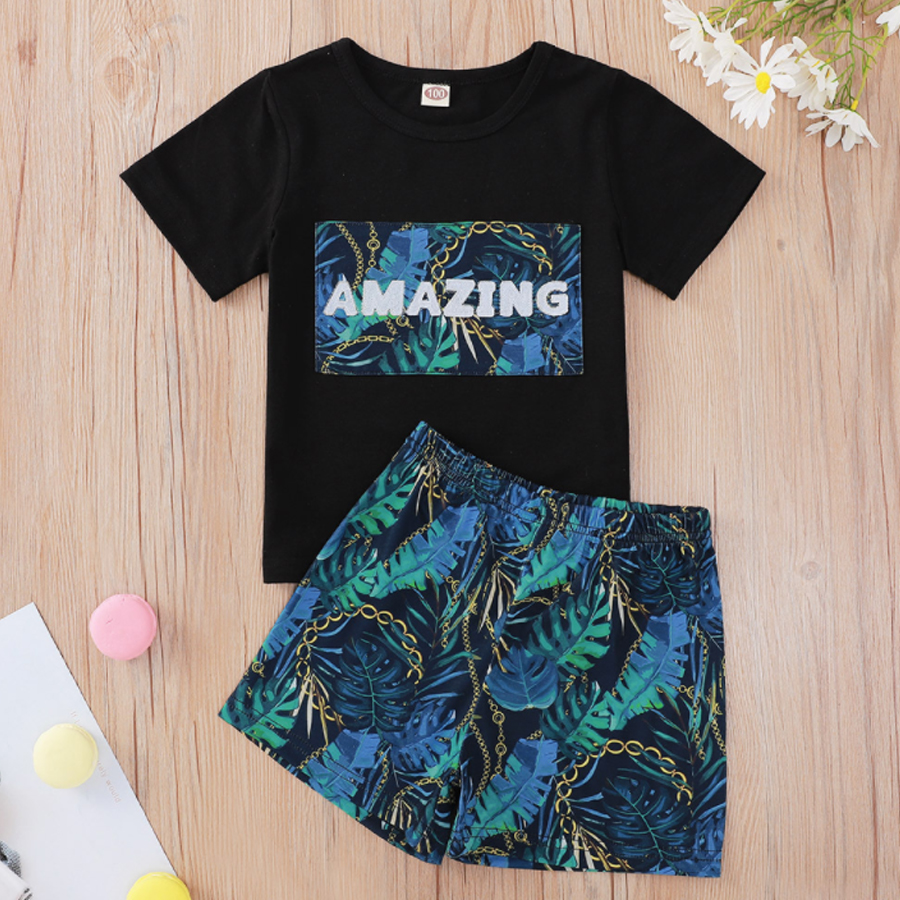 

Lovely Boy Boho Leaf Chain Letter Print Black Two Piece Shorts Set