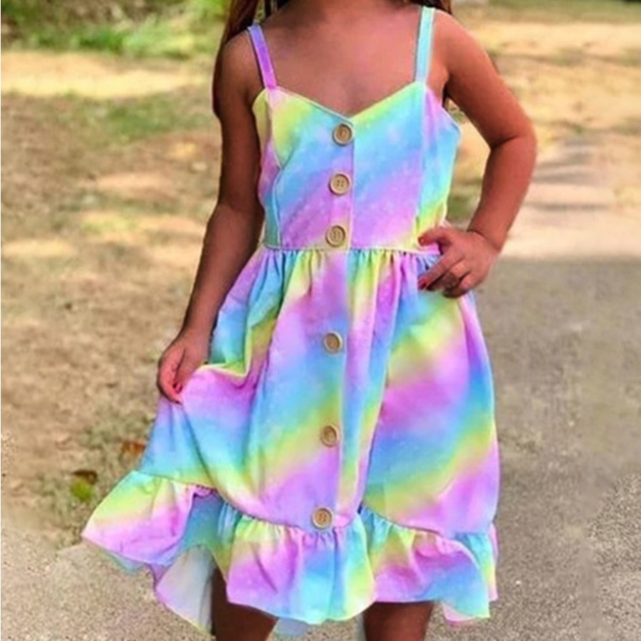 

Lovely Girl Casual Gradient Button Ruffle Design Mid Calf Dress