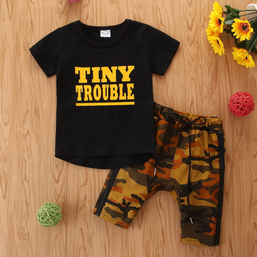 

Lovely Boy Casual O Neck Letter Print Black Two Piece Shorts Set