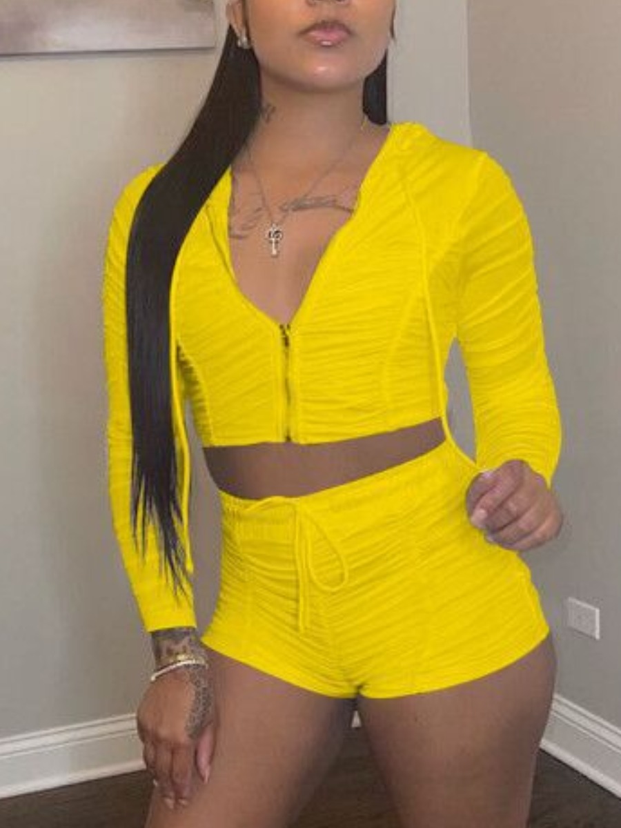 

LW Sporty Hooded Collar Ruched Drawstring Yellow Two Piece Shorts Set