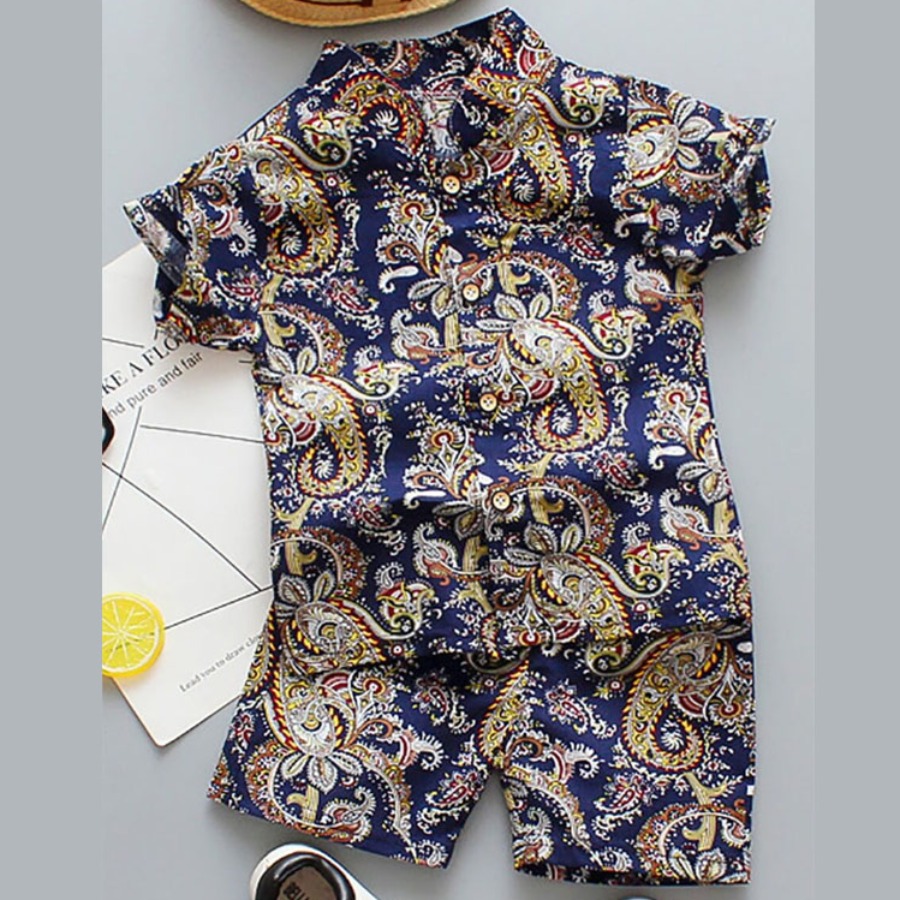 

Lovely Boy Bohemian Floral Print Deep Blue Two Piece Shorts Set