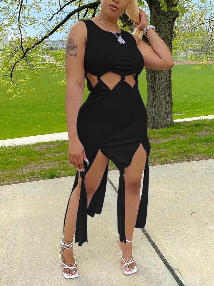 

Lovely Sexy Hollow-out Split Black Ankle Length Dress