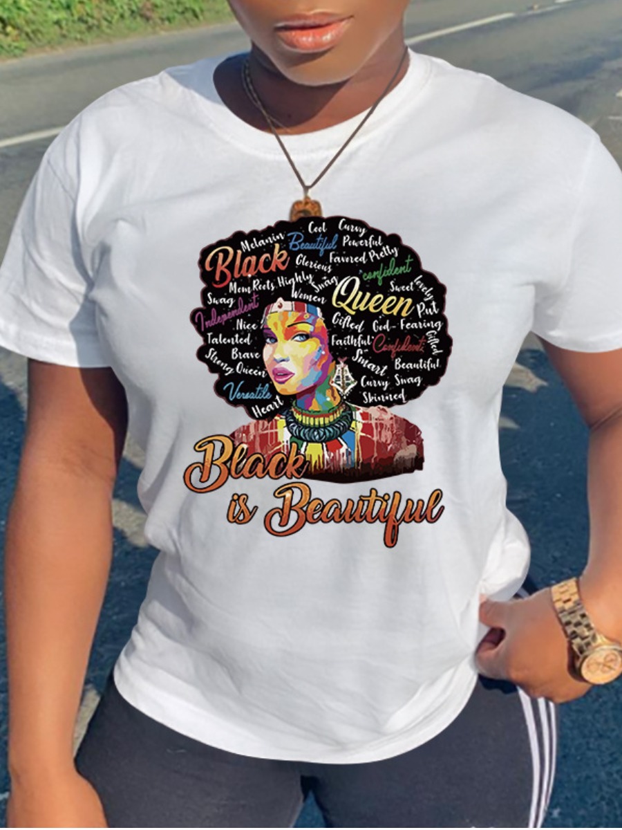 

Lovely Plus Size Casual Round Neck Figure Letter Print White T-shirt