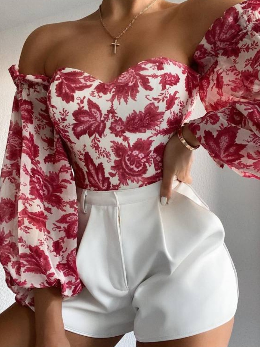 

Lovely Sweet Floral Print Ruffle Design Red Blouse