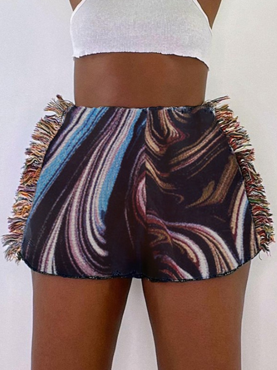 

Lovely Street Print Tassel Design Black Shorts