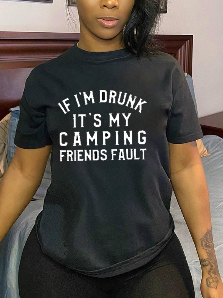 

Lovely Casual Round Neck Letter Print Black T-shirt
