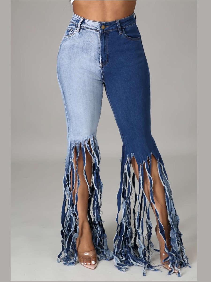 

Lovely Casual Color-lump Tassel Design Deep Blue Jeans