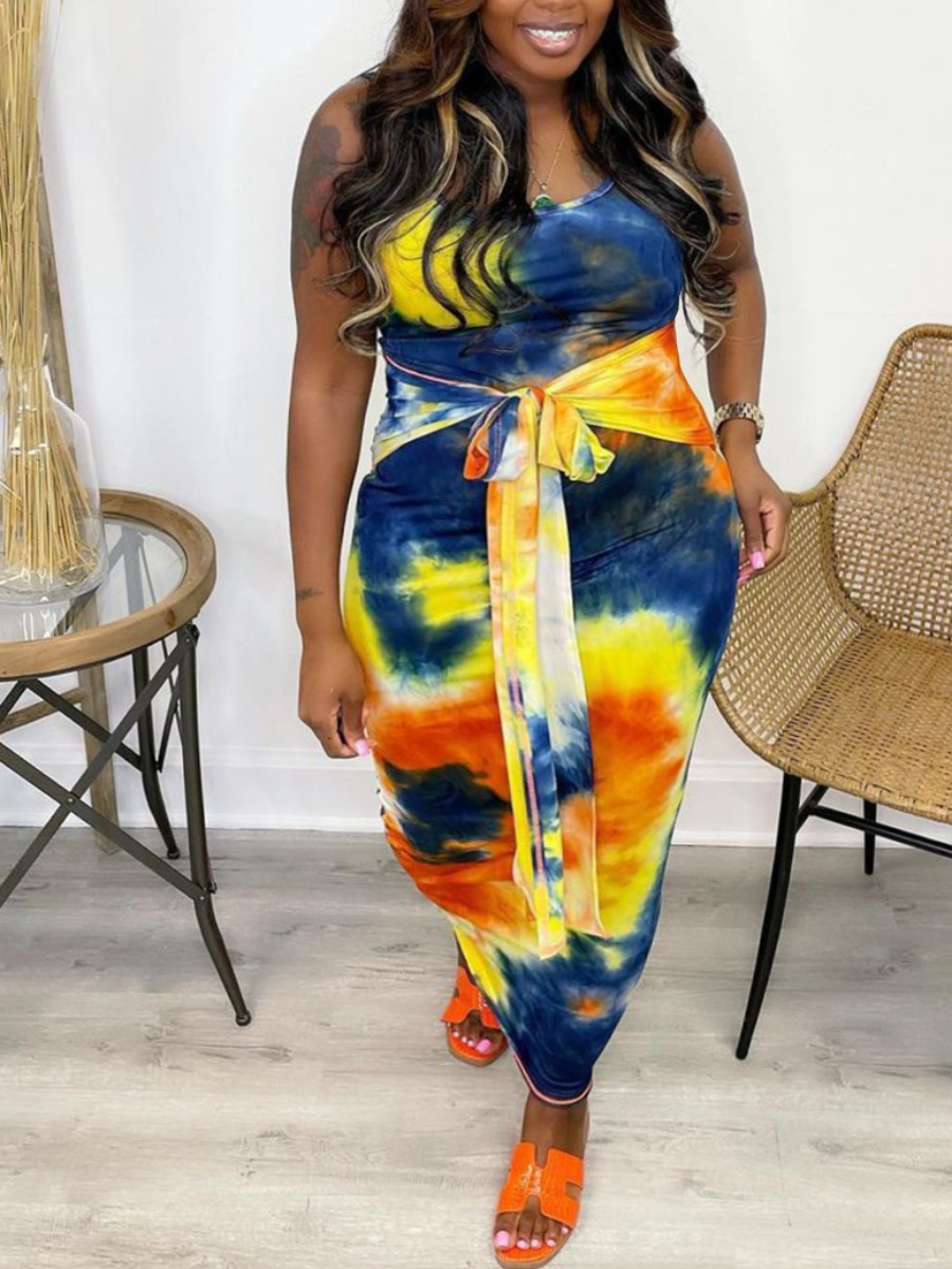 

Lovely Plus Size Street Tie-dye Bandage Design Multicolor Ankle Length Dress, Multi