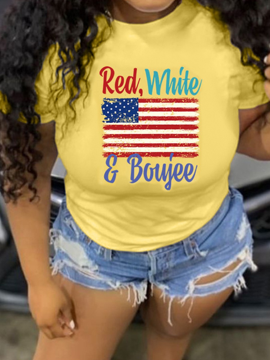 

LW Casual American Flag Letter Print Yellow T-shirt