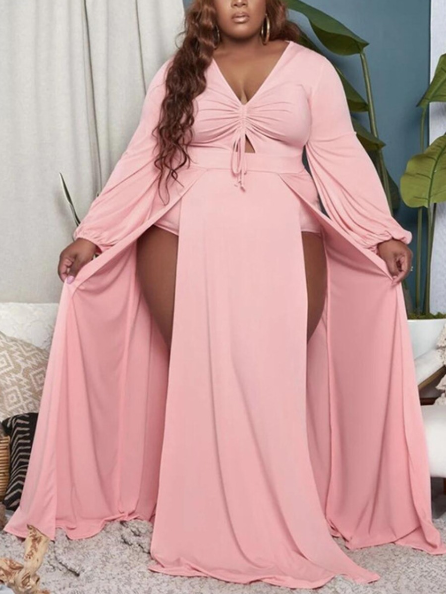 

LW Plus Size Boho V Neck Split Drawstring Dusty Pink Floor Length Dress