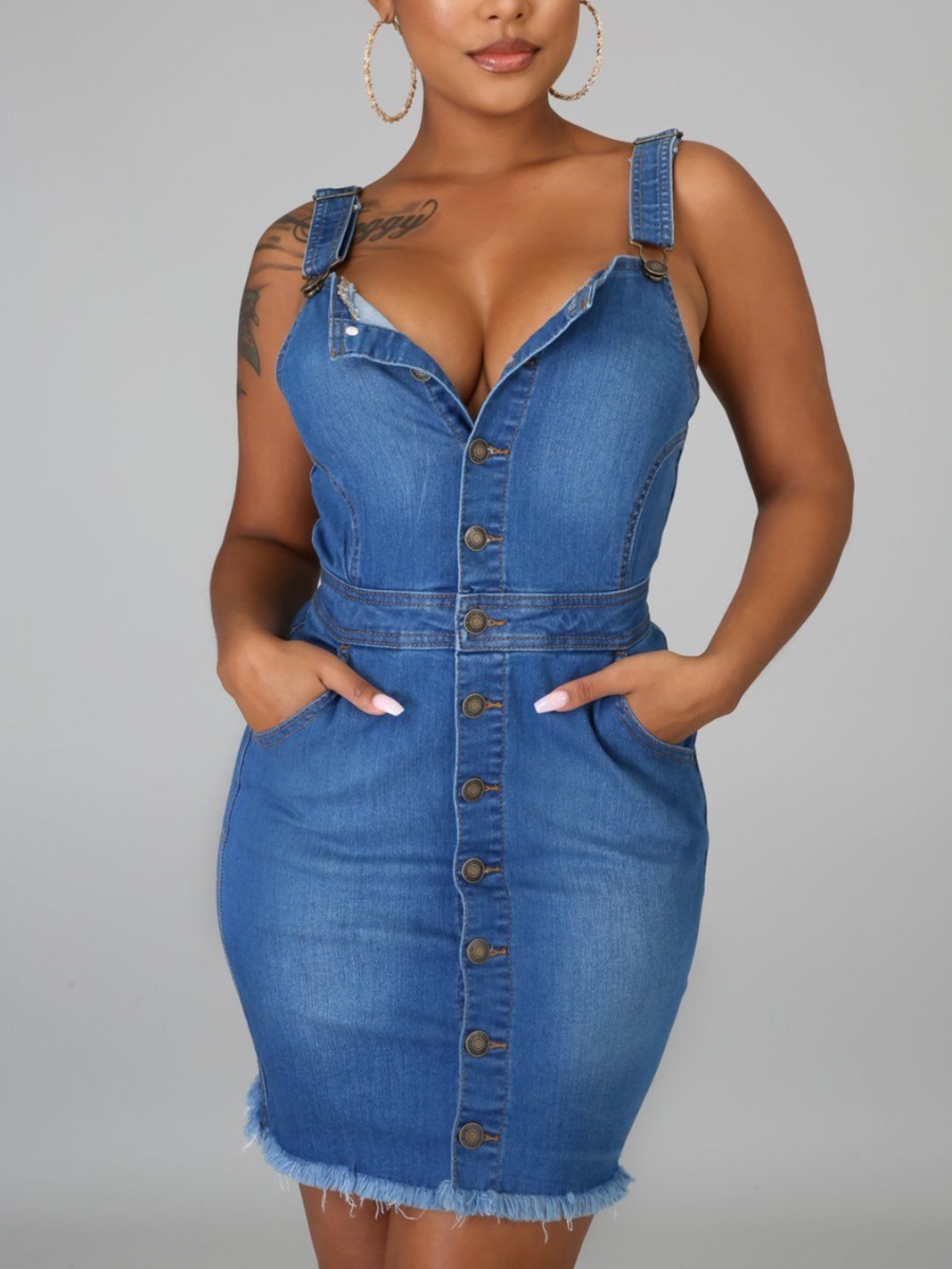 

Lovely Casual Button Design Raw Edge Blue Mini Denim Dress