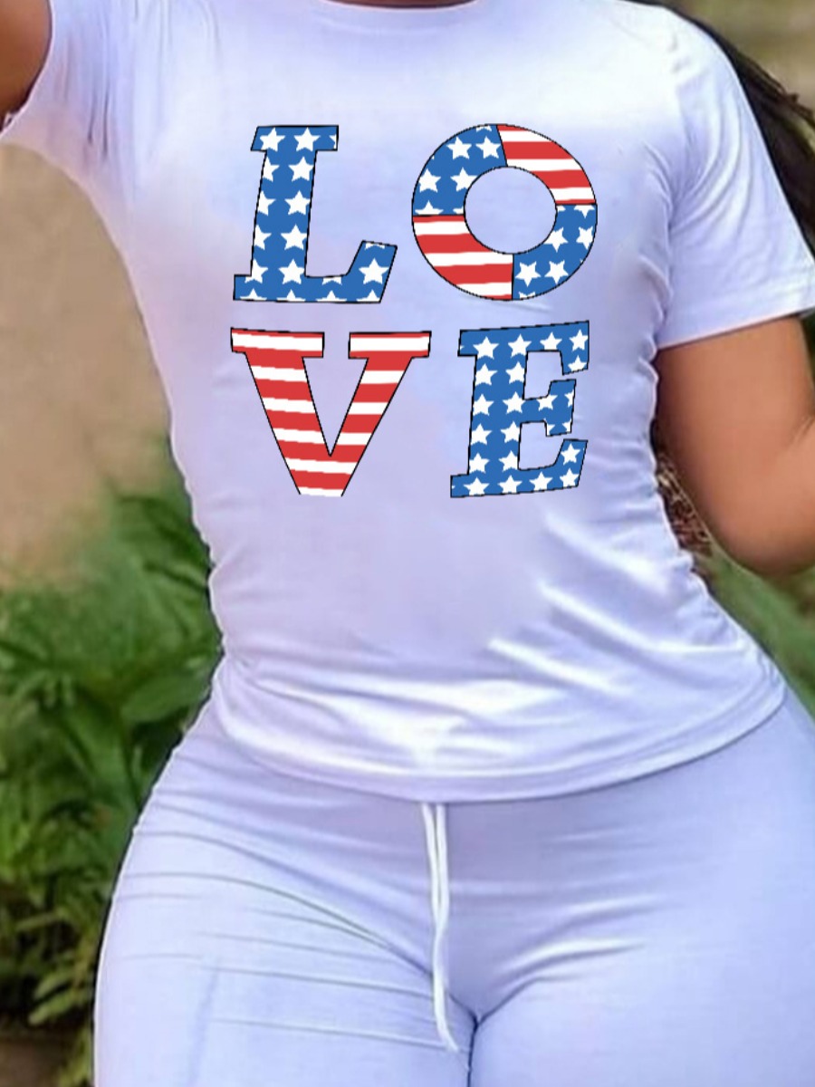 

Lovely Plus Size Street American Flag Letter Print White T-shirt
