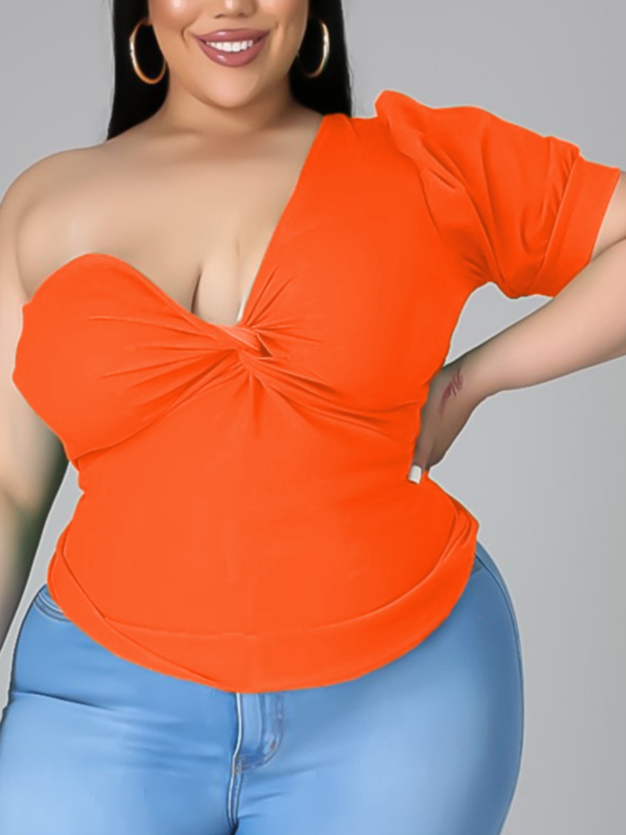 

Lovely Plus Size Street One Shoulder Twist Front Croci T-shirt