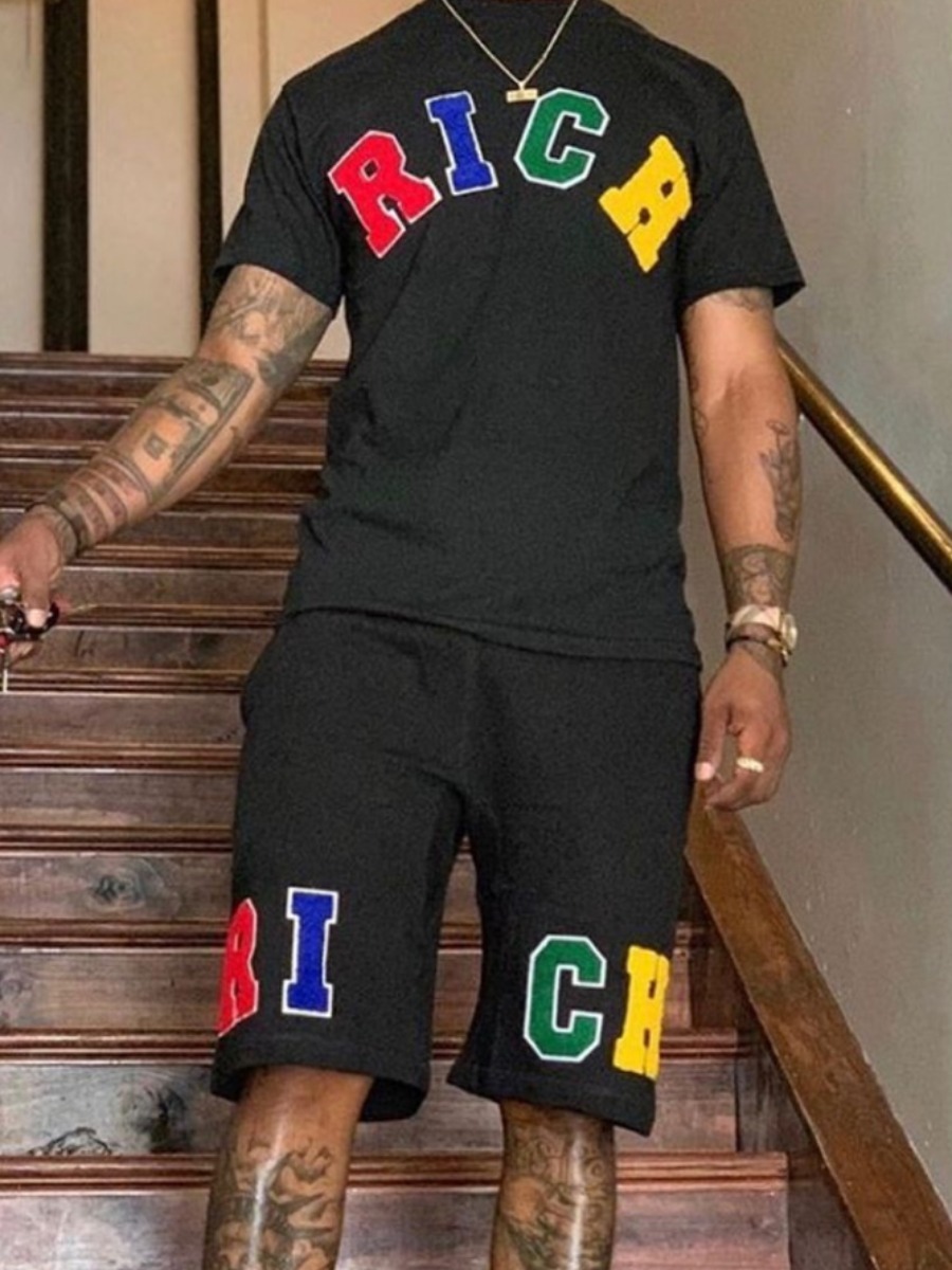 LovelyWholesale Men Round Neck Letter Print Shorts Set Summer Short Sleeve Casual Letter Round Neck Spring Summer 2024