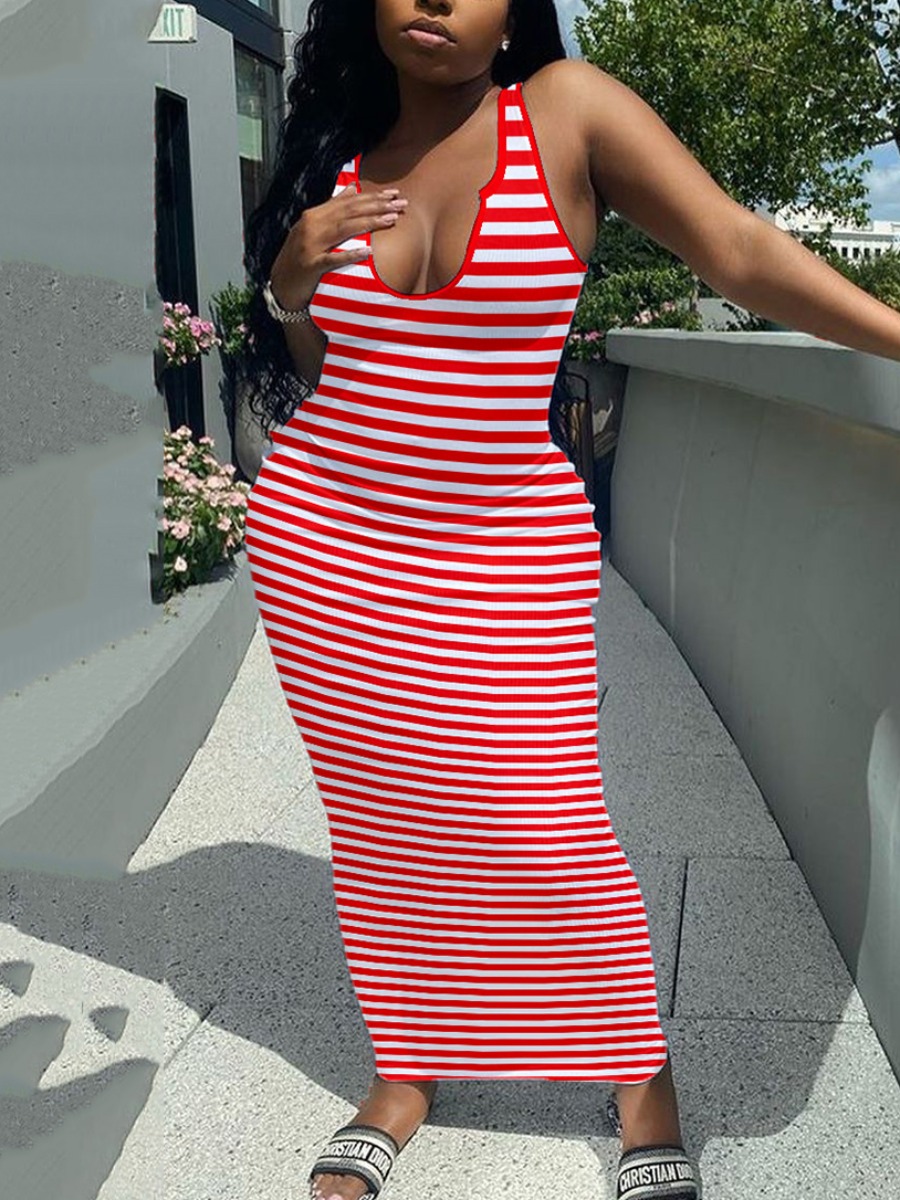 

LW Sexy U Neck Striped Red Ankle Length Dress, Red stripe