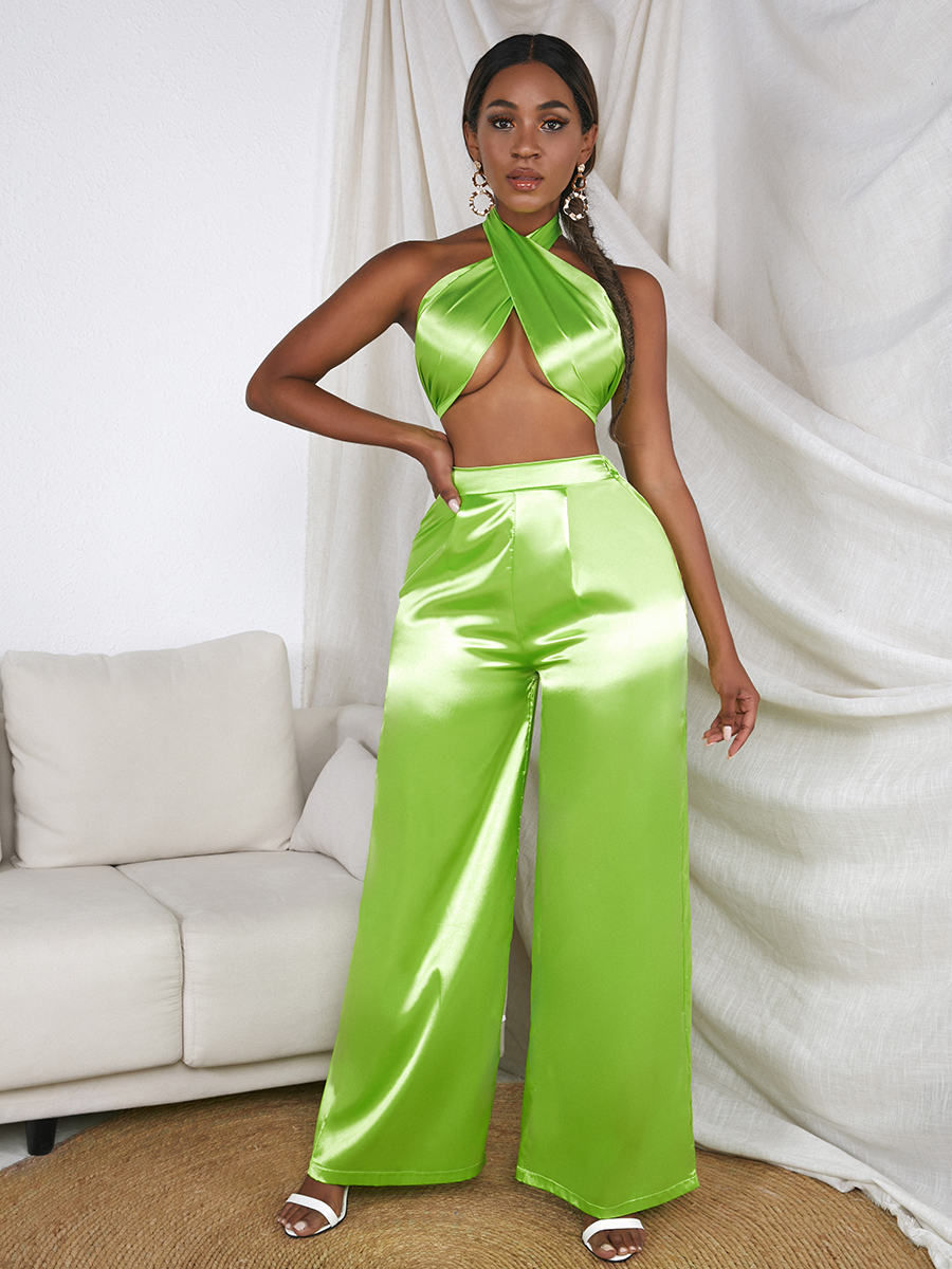 

Lovely Casual Cross-over Bandage Design Green Two Piece Pants Set